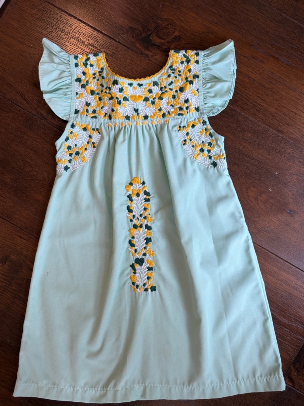 Six Honeybees-Girls Flutter Sleeve Dress w/Ruffle Trim Floral Embroidered-Size:6